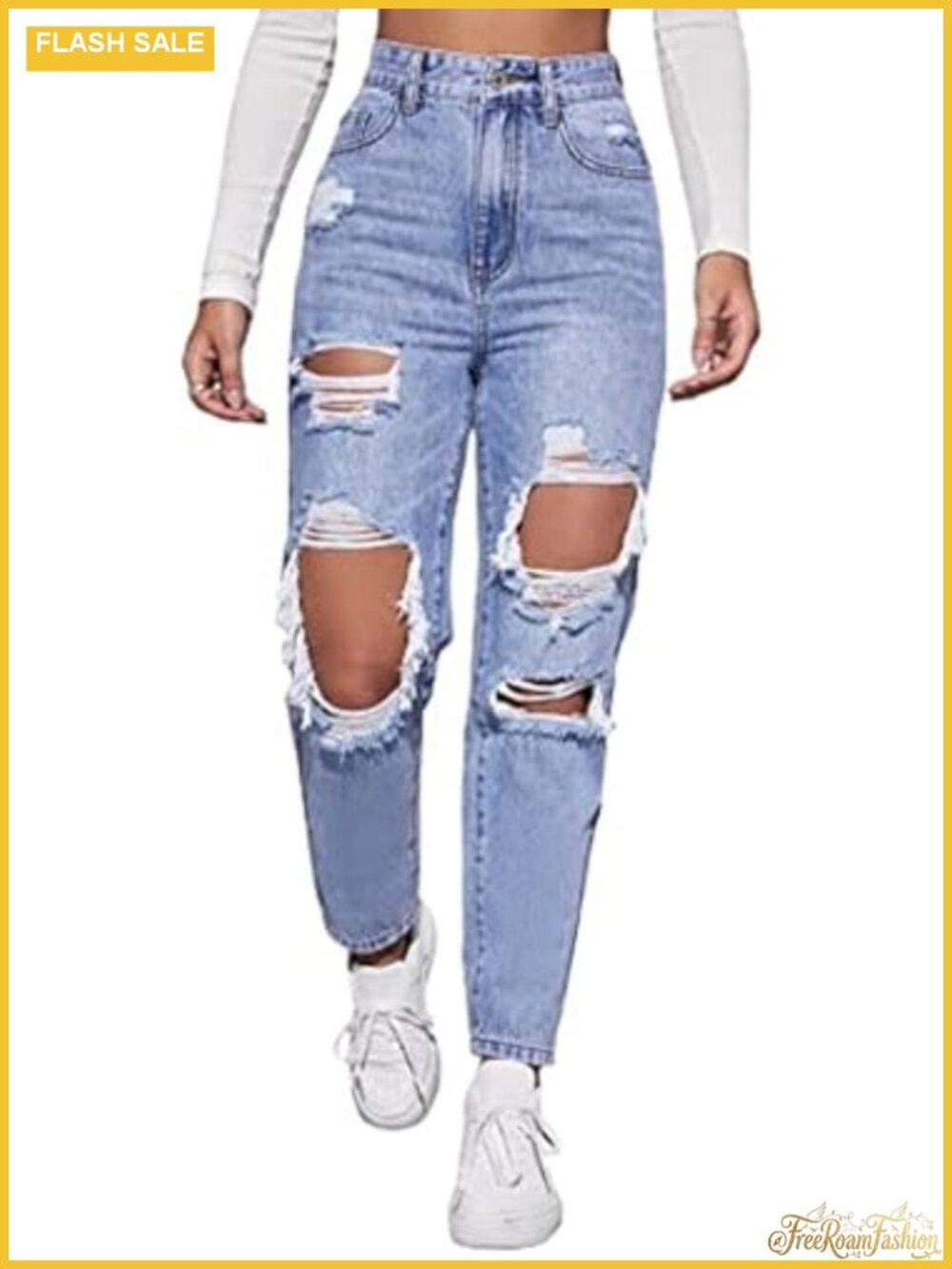 High Waist Straight Leg Ripped Jeans Distressed Denim Pants Women Cotton